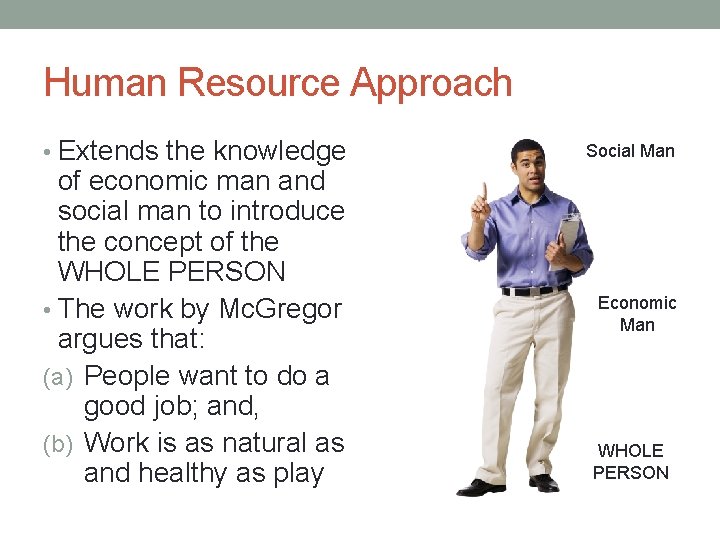 Human Resource Approach • Extends the knowledge of economic man and social man to