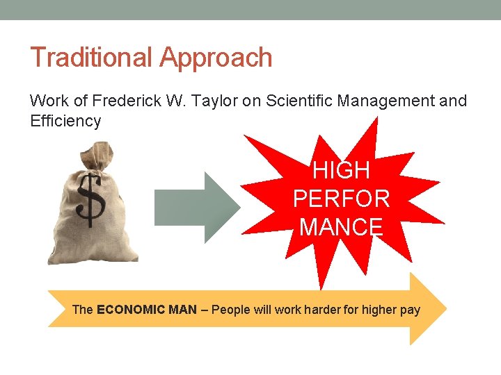 Traditional Approach Work of Frederick W. Taylor on Scientific Management and Efficiency HIGH PERFOR