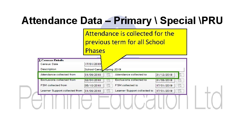 Attendance Data – Primary  Special PRU Attendance is collected for the previous term