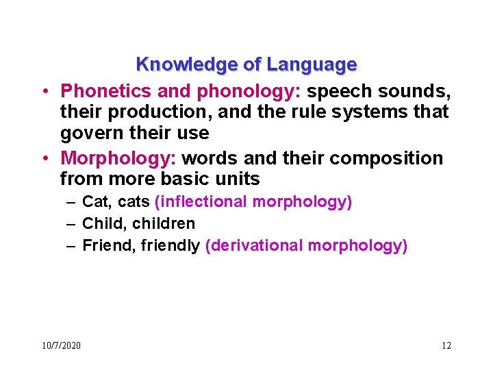 Knowledge of Language • Phonetics and phonology: speech sounds, their production, and the rule