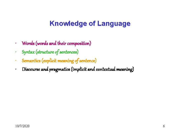 Knowledge of Language • • Words (words and their composition) Syntax (structure of sentences)