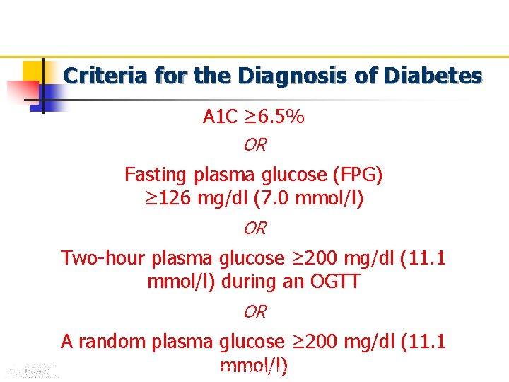 Criteria for the Diagnosis of Diabetes A 1 C ≥ 6. 5% OR Fasting