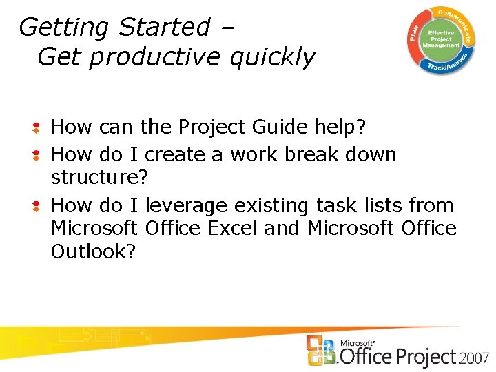 Getting Started – Get productive quickly How can the Project Guide help? How do