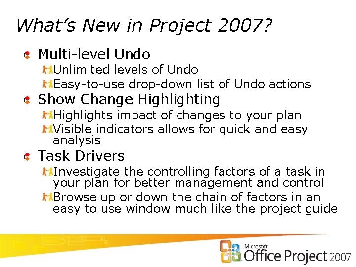 What’s New in Project 2007? Multi-level Undo Unlimited levels of Undo Easy-to-use drop-down list