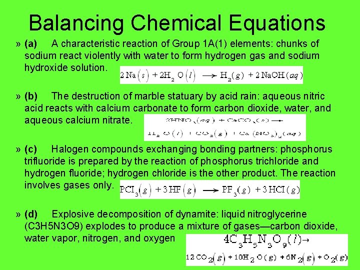 Balancing Chemical Equations » (a) A characteristic reaction of Group 1 A(1) elements: chunks