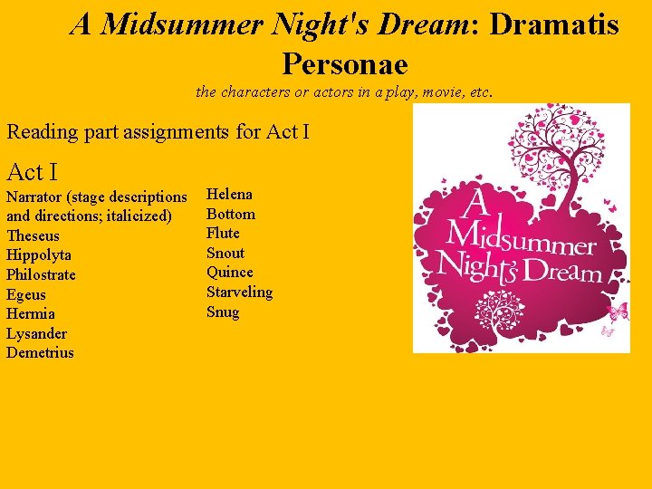 A Midsummer Night's Dream: Dramatis Personae the characters or actors in a play, movie, A Midsummer Night's Dream: Dramatis Personae the characters or actors in a play, movie,