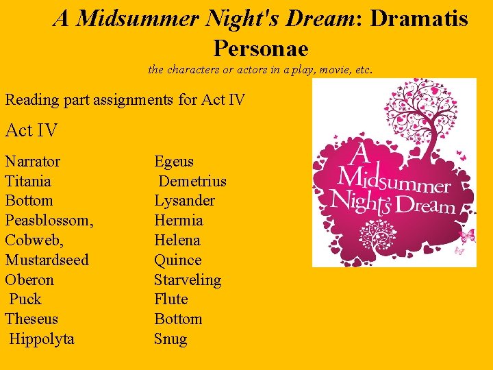 A Midsummer Night's Dream: Dramatis Personae the characters or actors in a play, movie, A Midsummer Night's Dream: Dramatis Personae the characters or actors in a play, movie,