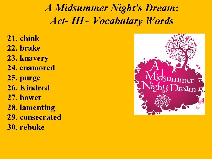 A Midsummer Night's Dream: Act- III~ Vocabulary Words 21. chink 22. brake 23. knavery A Midsummer Night's Dream: Act- III~ Vocabulary Words 21. chink 22. brake 23. knavery