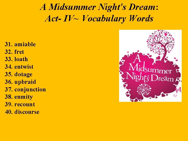 A Midsummer Night's Dream: Act- IV~ Vocabulary Words 31. amiable 32. fret 33. loath A Midsummer Night's Dream: Act- IV~ Vocabulary Words 31. amiable 32. fret 33. loath