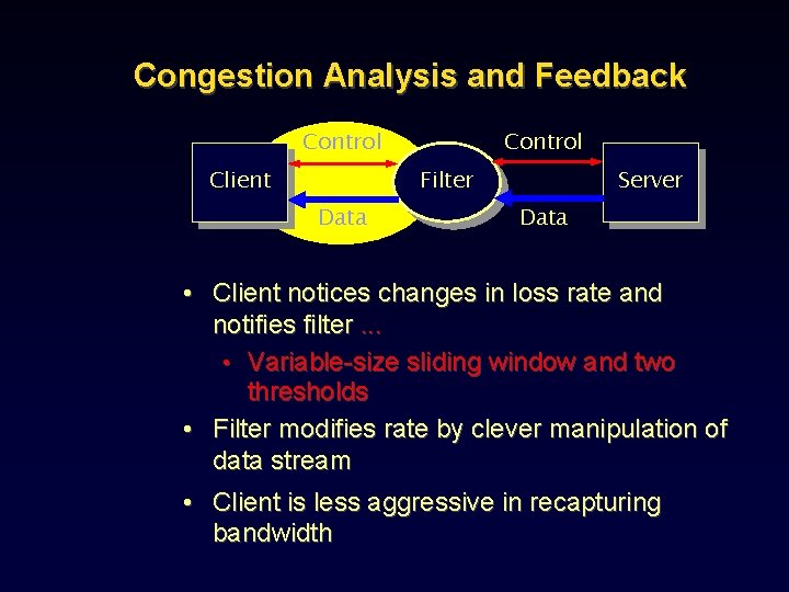 Congestion Analysis and Feedback Control Client Control Server Filter Data • Client notices changes