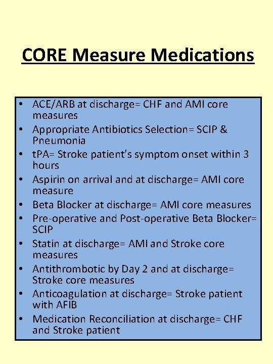 CORE Measure Medications • ACE/ARB at discharge= CHF and AMI core measures • Appropriate