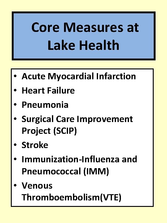 Core Measures at Lake Health Acute Myocardial Infarction Heart Failure Pneumonia Surgical Care Improvement