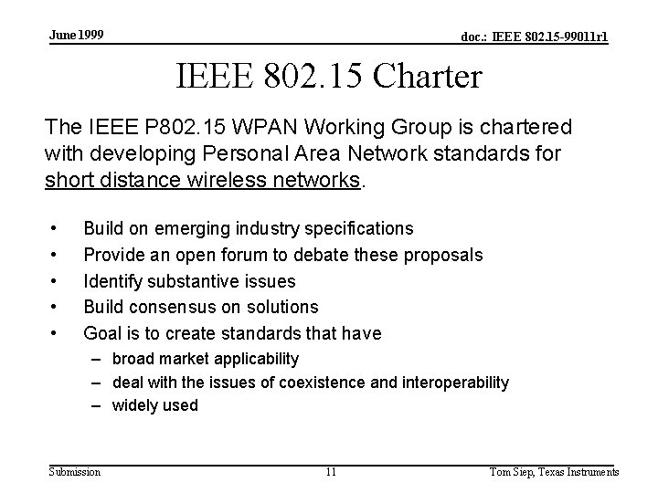June 1999 doc. : IEEE 802. 15 -99011 r 1 IEEE 802. 15 Charter