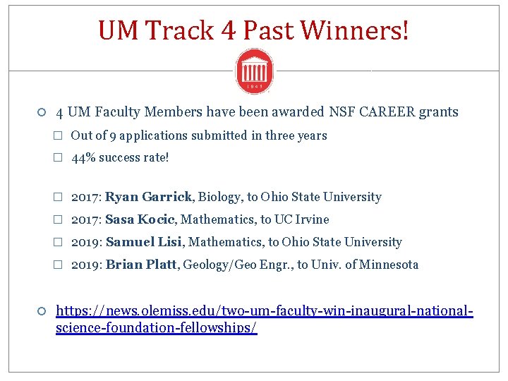 UM Track 4 Past Winners! 4 UM Faculty Members have been awarded NSF CAREER