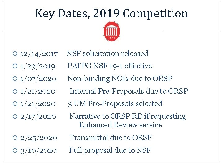 Key Dates, 2019 Competition 12/14/2017 NSF solicitation released 1/29/2019 PAPPG NSF 19 -1 effective.