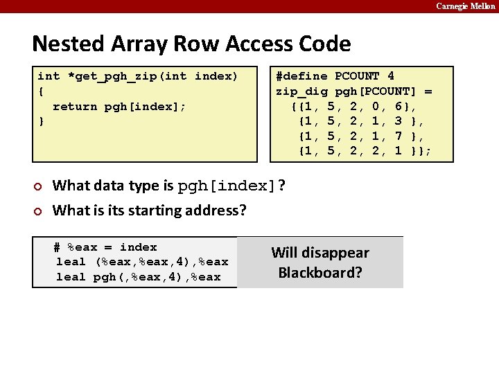 Carnegie Mellon Nested Array Row Access Code int *get_pgh_zip(int index) { return pgh[index]; }