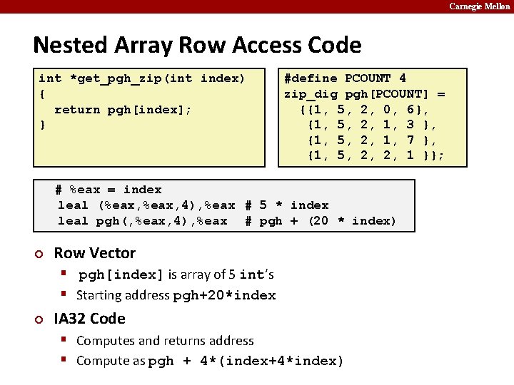 Carnegie Mellon Nested Array Row Access Code int *get_pgh_zip(int index) { return pgh[index]; }