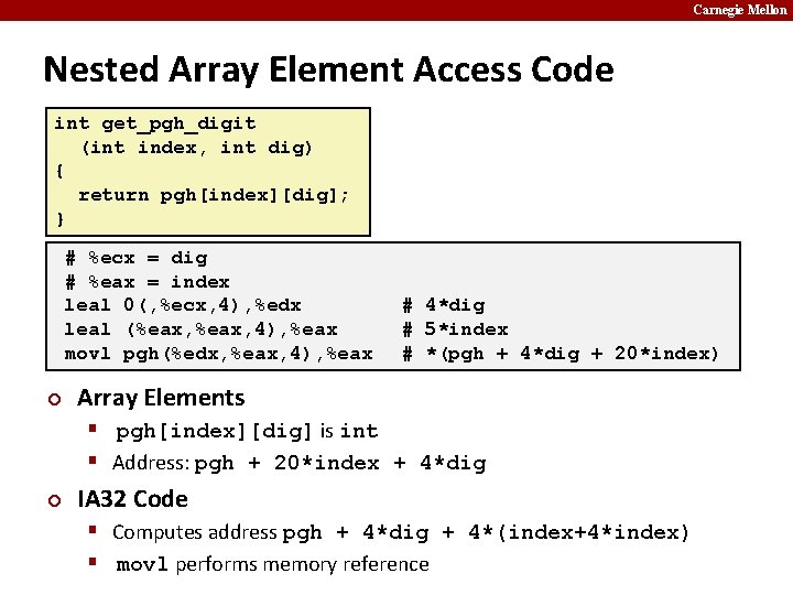 Carnegie Mellon Nested Array Element Access Code int get_pgh_digit (int index, int dig) {