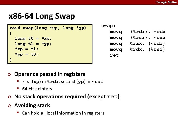 Carnegie Mellon x 86 -64 Long Swap void swap(long *xp, long *yp) { long