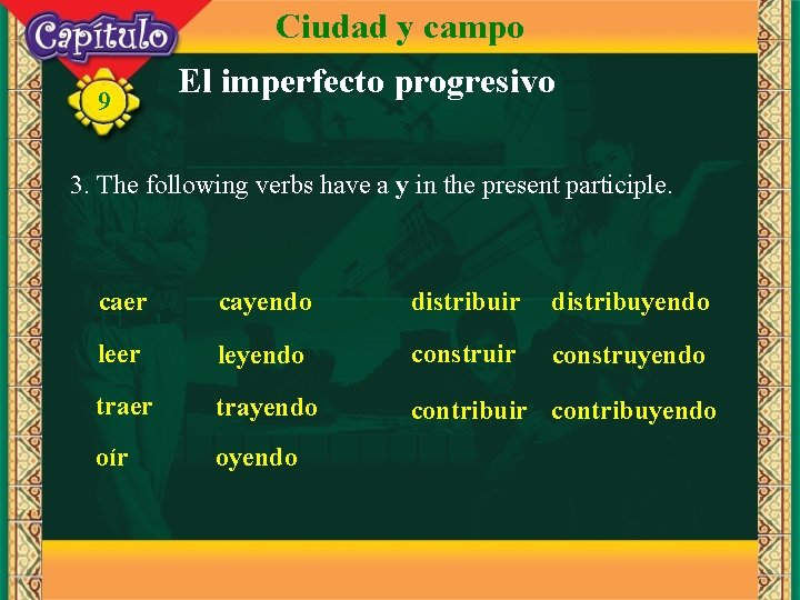 Ciudad y campo 9 El imperfecto progresivo 3. The following verbs have a y