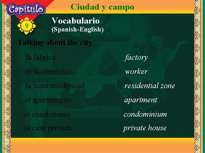 Ciudad y campo 9 Vocabulario (Spanish-English) Talking about the city la fábrica factory el/la