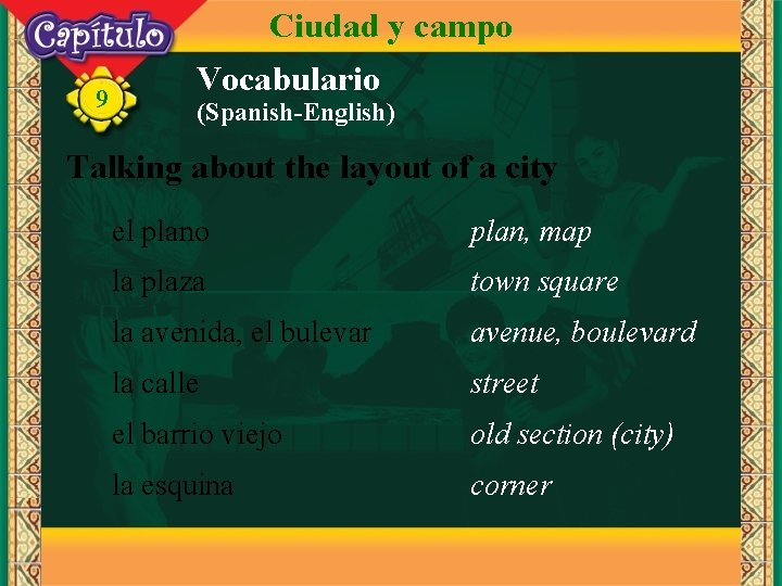 Ciudad y campo 9 Vocabulario (Spanish-English) Talking about the layout of a city el