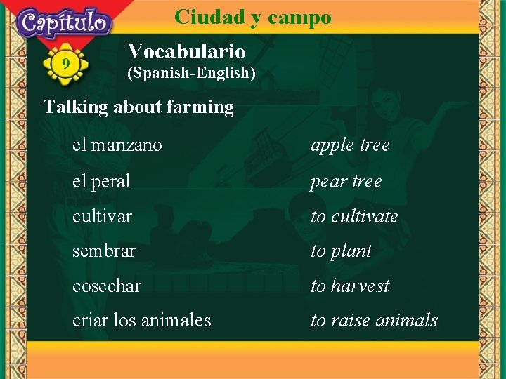 Ciudad y campo 9 Vocabulario (Spanish-English) Talking about farming el manzano apple tree el