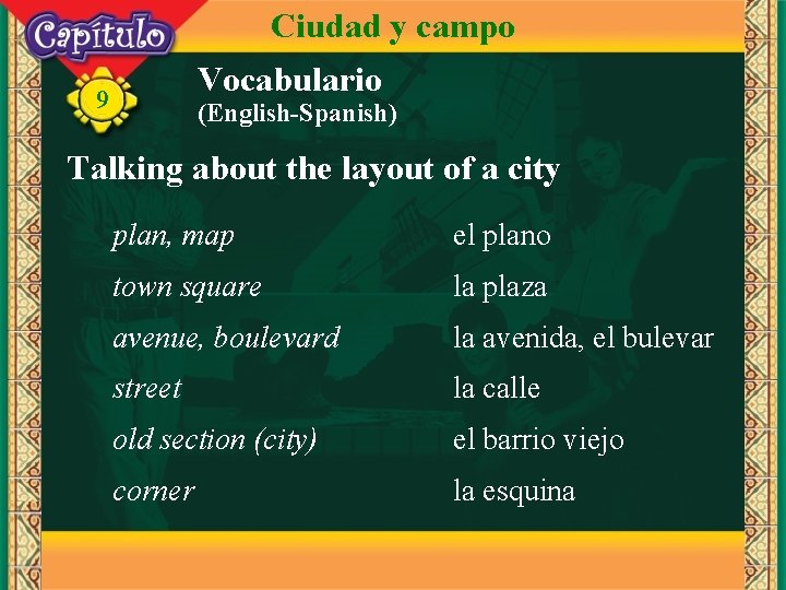 Ciudad y campo Vocabulario 9 (English-Spanish) Talking about the layout of a city plan,