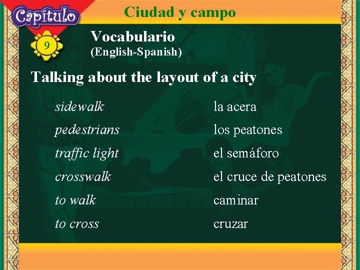 Ciudad y campo 9 Vocabulario (English-Spanish) Talking about the layout of a city sidewalk