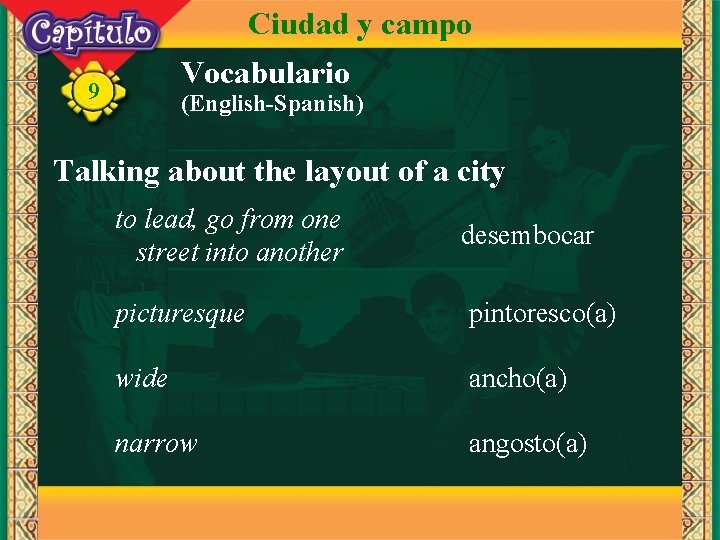 Ciudad y campo Vocabulario 9 (English-Spanish) Talking about the layout of a city to