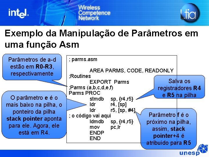 Exemplo da Manipulação de Parâmetros em uma função Asm Parâmetros de a-d estão em Exemplo da Manipulação de Parâmetros em uma função Asm Parâmetros de a-d estão em