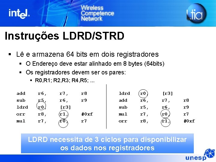 Instruções LDRD/STRD § Lê e armazena 64 bits em dois registradores § O Endereço Instruções LDRD/STRD § Lê e armazena 64 bits em dois registradores § O Endereço