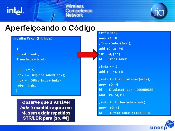 Aperfeiçoando o Código int Alias. Taken(int indx) ; ref = indx; mov r 4, Aperfeiçoando o Código int Alias. Taken(int indx) ; ref = indx; mov r 4,
