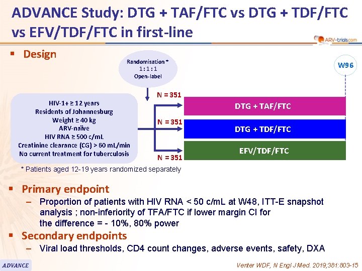 ADVANCE Study: DTG + TAF/FTC vs DTG + TDF/FTC vs EFV/TDF/FTC in first-line §