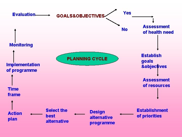 Evaluation GOALS&OBJECTIVES Yes No Assessment of health need Monitoring PLANNING CYCLE Implementation of programme