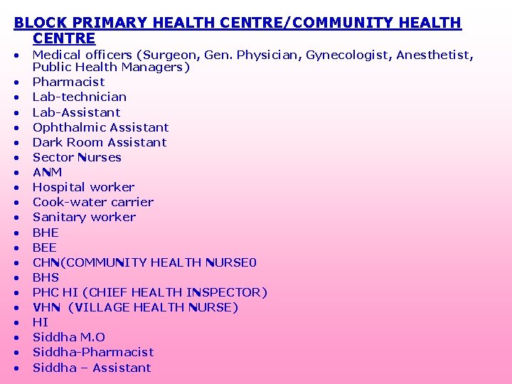BLOCK PRIMARY HEALTH CENTRE/COMMUNITY HEALTH CENTRE • • • • • • Medical officers