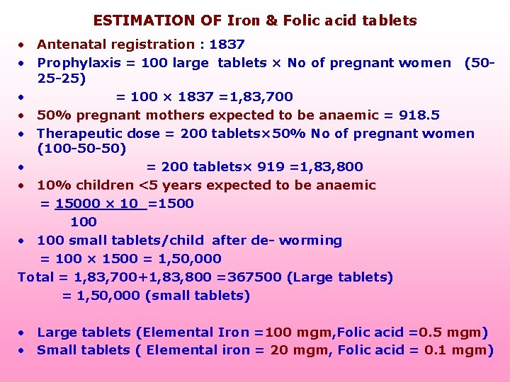 ESTIMATION OF Iron & Folic acid tablets • Antenatal registration : 1837 • Prophylaxis