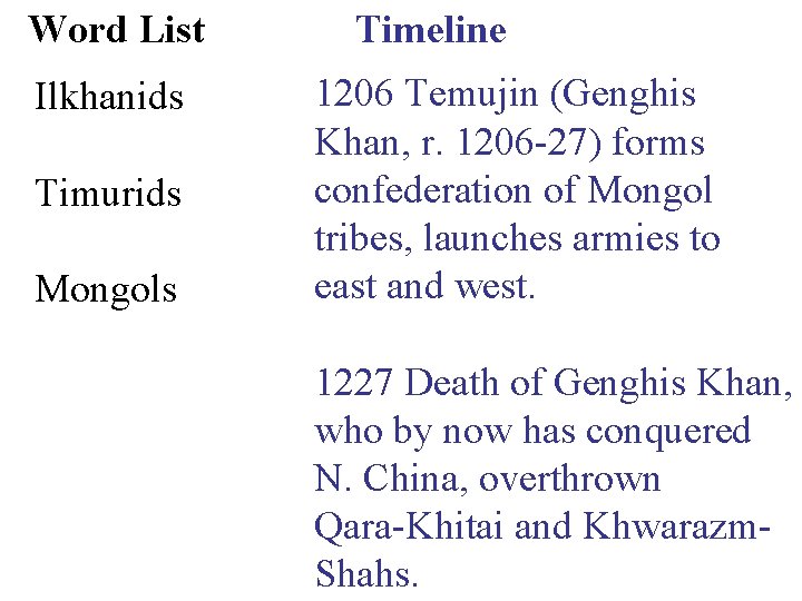 Word List Ilkhanids Timurids Mongols Timeline 1206 Temujin (Genghis Khan, r. 1206 -27) forms