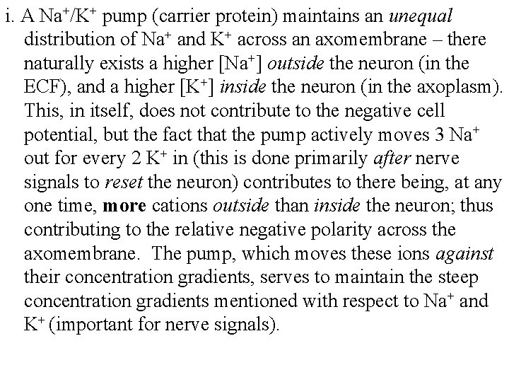 i. A Na+/K+ pump (carrier protein) maintains an unequal distribution of Na+ and K+