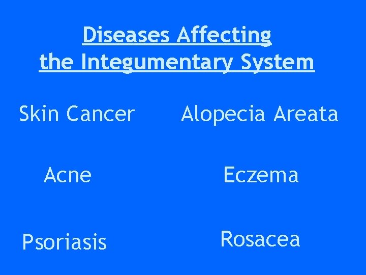 Diseases Affecting the Integumentary System Skin Cancer Alopecia Areata Acne Eczema Psoriasis Rosacea Diseases Affecting the Integumentary System Skin Cancer Alopecia Areata Acne Eczema Psoriasis Rosacea