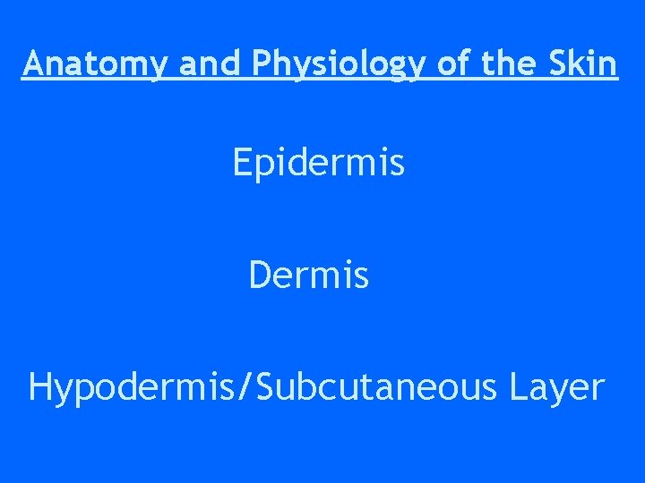 Anatomy and Physiology of the Skin Epidermis Dermis Hypodermis/Subcutaneous Layer Anatomy and Physiology of the Skin Epidermis Dermis Hypodermis/Subcutaneous Layer