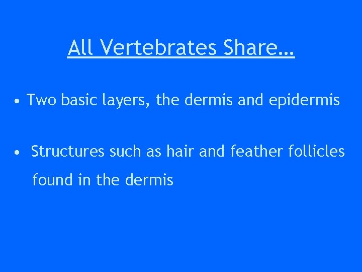 All Vertebrates Share… • Two basic layers, the dermis and epidermis • Structures such All Vertebrates Share… • Two basic layers, the dermis and epidermis • Structures such