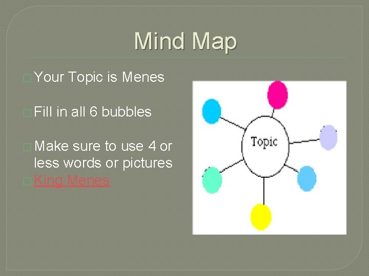 Mind Map � Your Topic is Menes � Fill in all 6 bubbles �