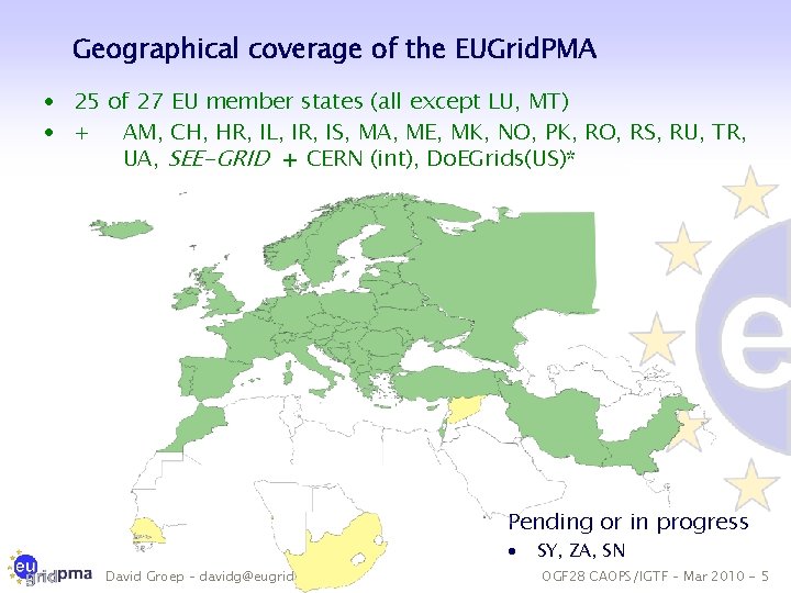 Geographical coverage of the EUGrid. PMA · 25 of 27 EU member states (all