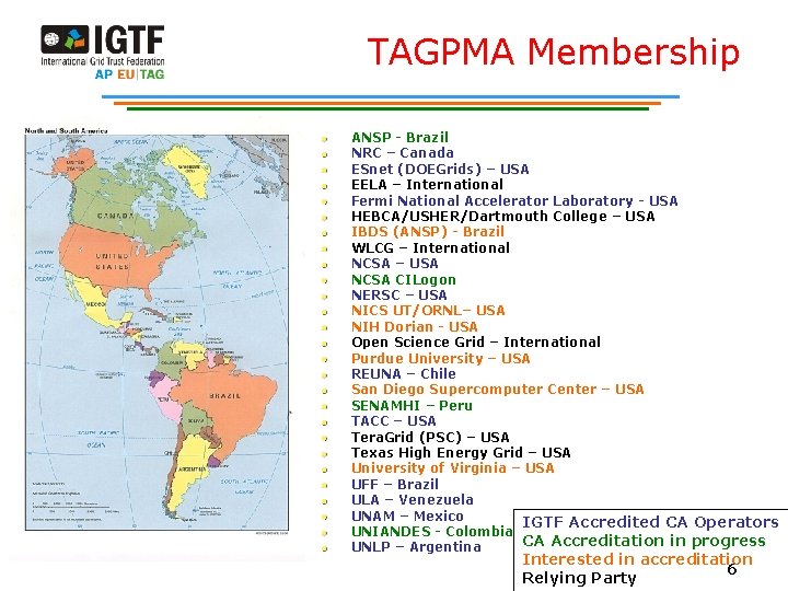 TAGPMA Membership ANSP - Brazil NRC – Canada ESnet (DOEGrids) – USA EELA –
