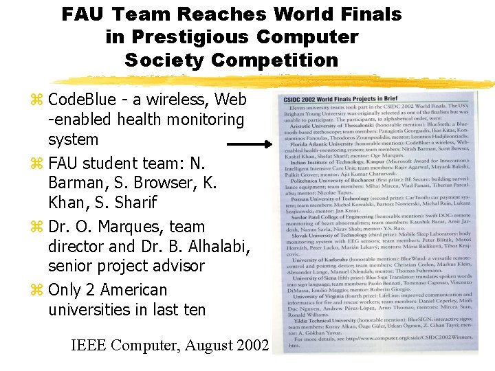 FAU Team Reaches World Finals in Prestigious Computer Society Competition z Code. Blue -