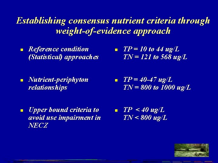 Establishing consensus nutrient criteria through weight-of-evidence approach n n n Reference condition (Statistical) approaches