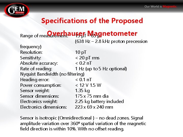 Specifications of the Proposed Overhauser Range of measurement: 15 μT Magnetometer – 65 μT