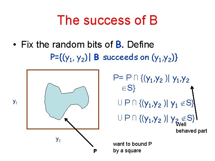 The success of B • Fix the random bits of B. Define P={(y 1,