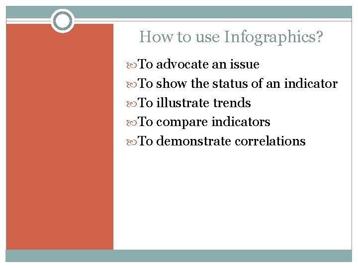 How to use Infographics? To advocate an issue To show the status of an